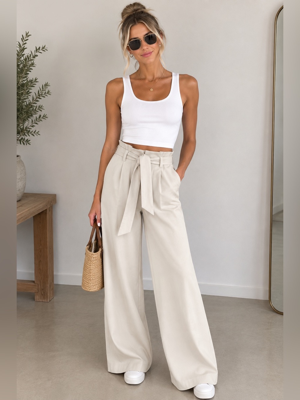 ANTONIO MELANI Cream High-Waist Wide-Leg Tie Waist Pants